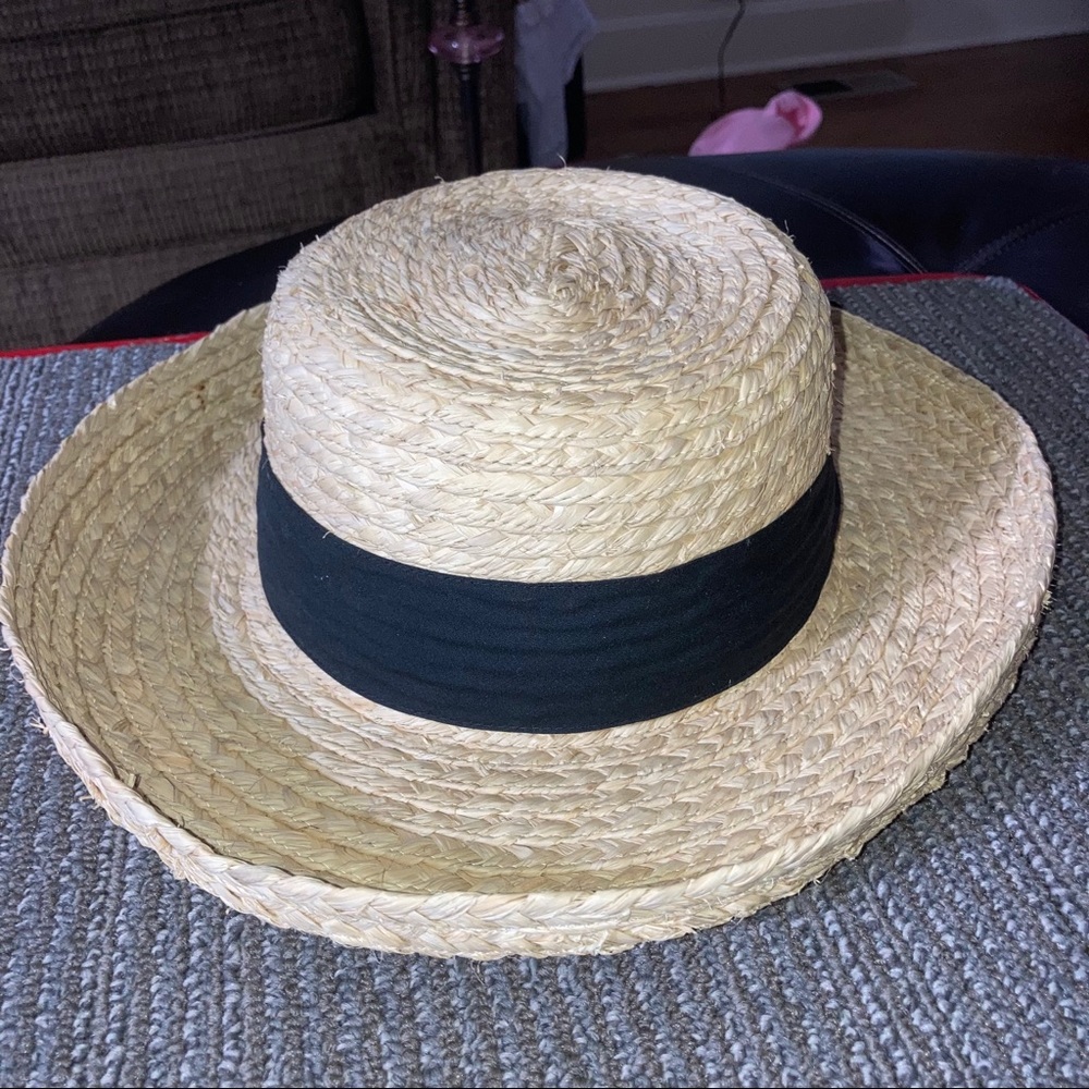 Studio Works summer straw hat with black ribbon and bow